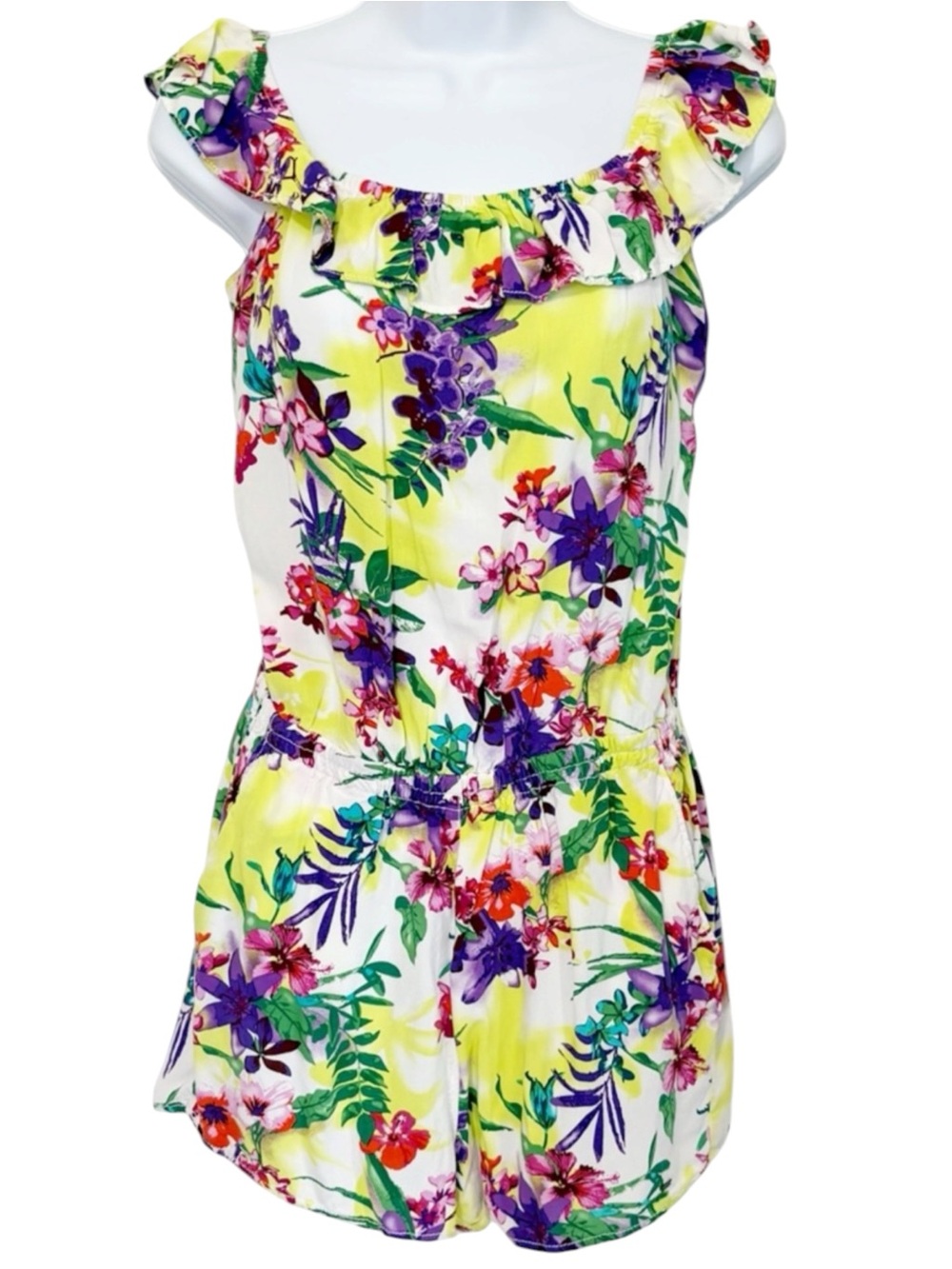 GARAGE Tropical Floral Ruffle Romper Dress Medium Cottagecore Festival Summer